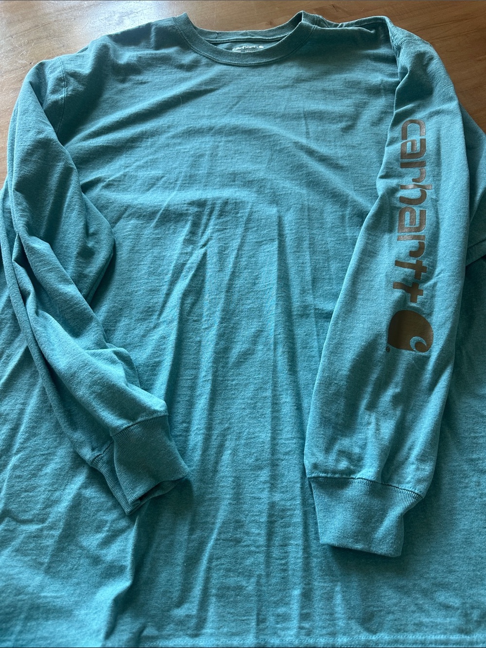 Carhartt Men's Long-Sleeve Crew Tee in Teal Blue with Brown Logo